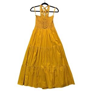 Halter Smocked Tiered Maxi Dress Crochet‎ Cottagecore Boho Gyspsy Hippie Mustard